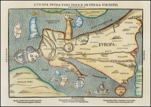 Figure  n°2 Europa Prima Pars Terrae In Forma Virginis, tiré de Heinrich BÜNTING, Itinerarium sacrae scripturae, 1587, gravure sur bois,  dim. 430 x 300 mm, collection privée.